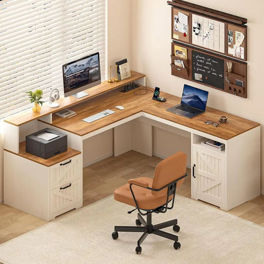 L-Shaped  Executive Desk with Drawers & Storage Shelves and Power Outlets