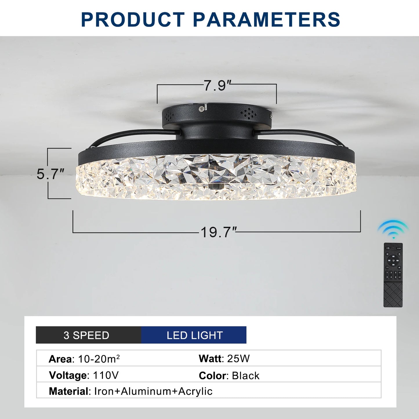 Modern acrylic black ceiling fan light with remote control, dimmable