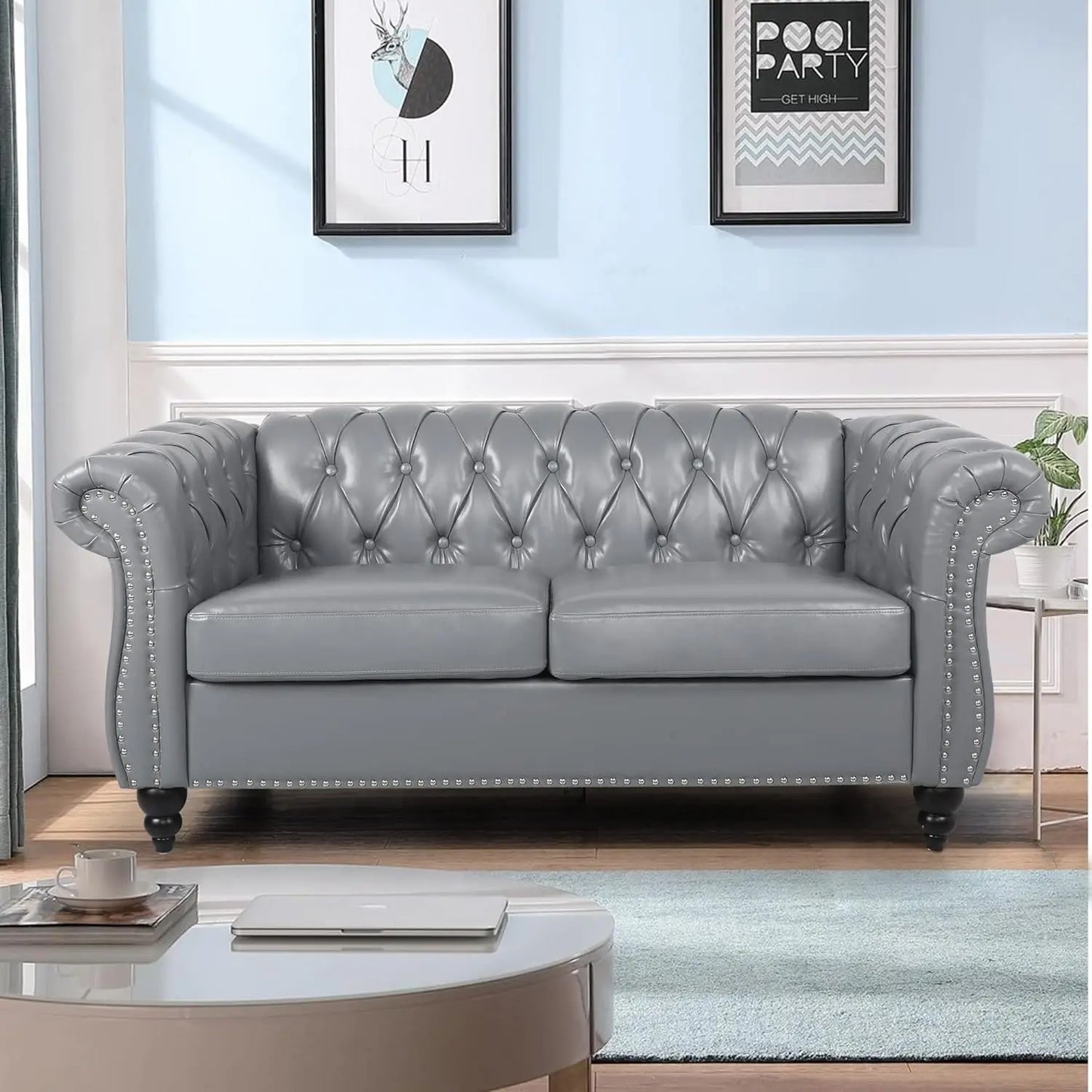 2pc Modern Tufted Sofa Set With Button & Nailhead Trim