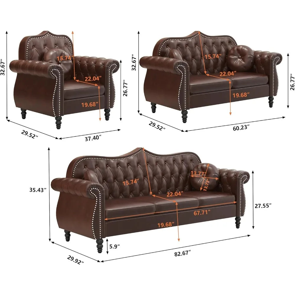 Chesterfield 2-Piece Sectional Sofa Set, Mid-Century Modern Upholstered