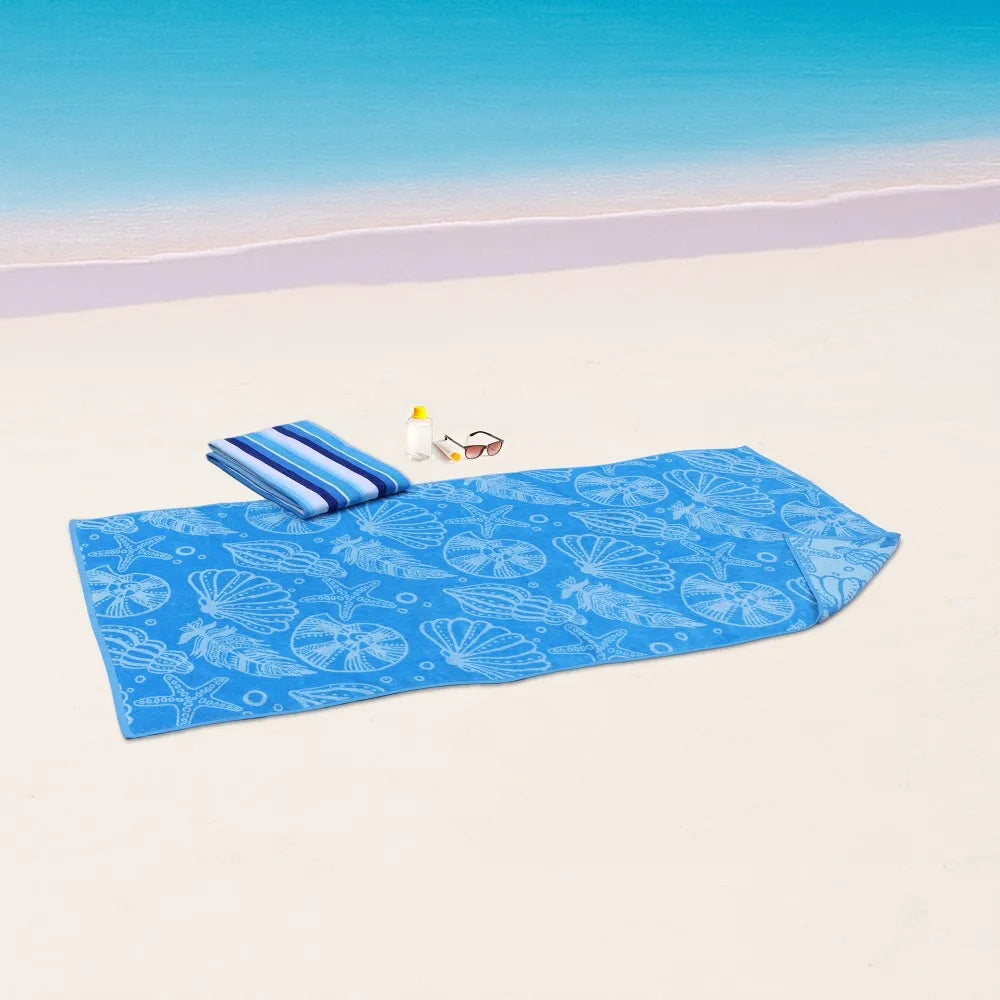 2Pcs Large Cotton Beach Towel Set Blue Seashells Striped Pattern