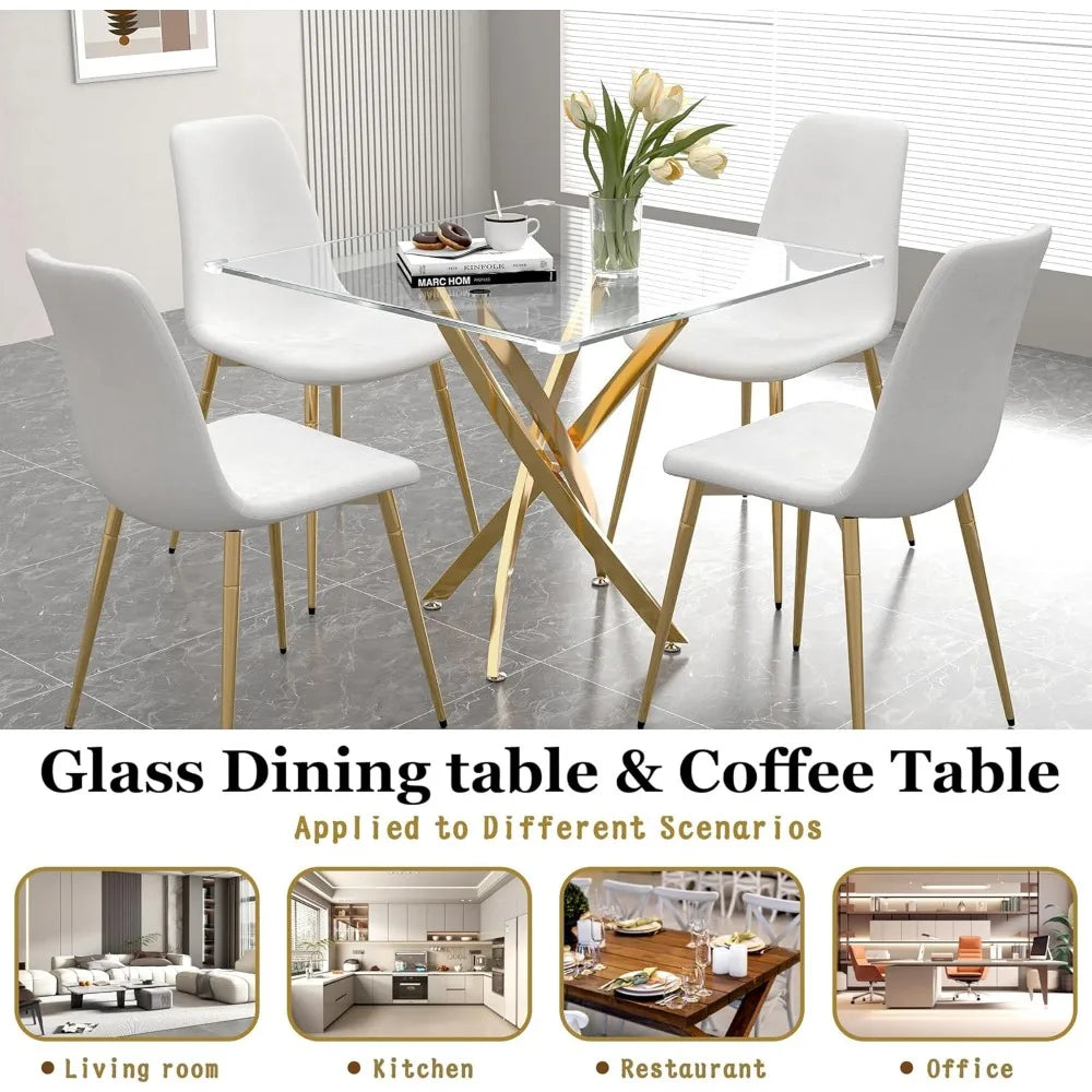 Glass Dining Table Set for 4, 5-Piece Square Gold Kitchen Table Set with 4 White Upholstered Chair, Tempered Glass Dining Room T