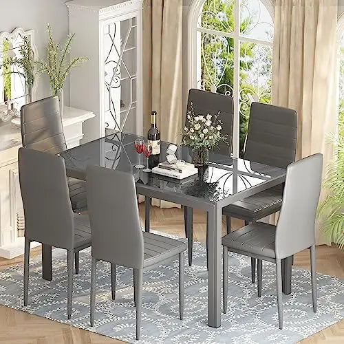 7-Piece Dining Set for 6, Glass Table & Leather Chairs