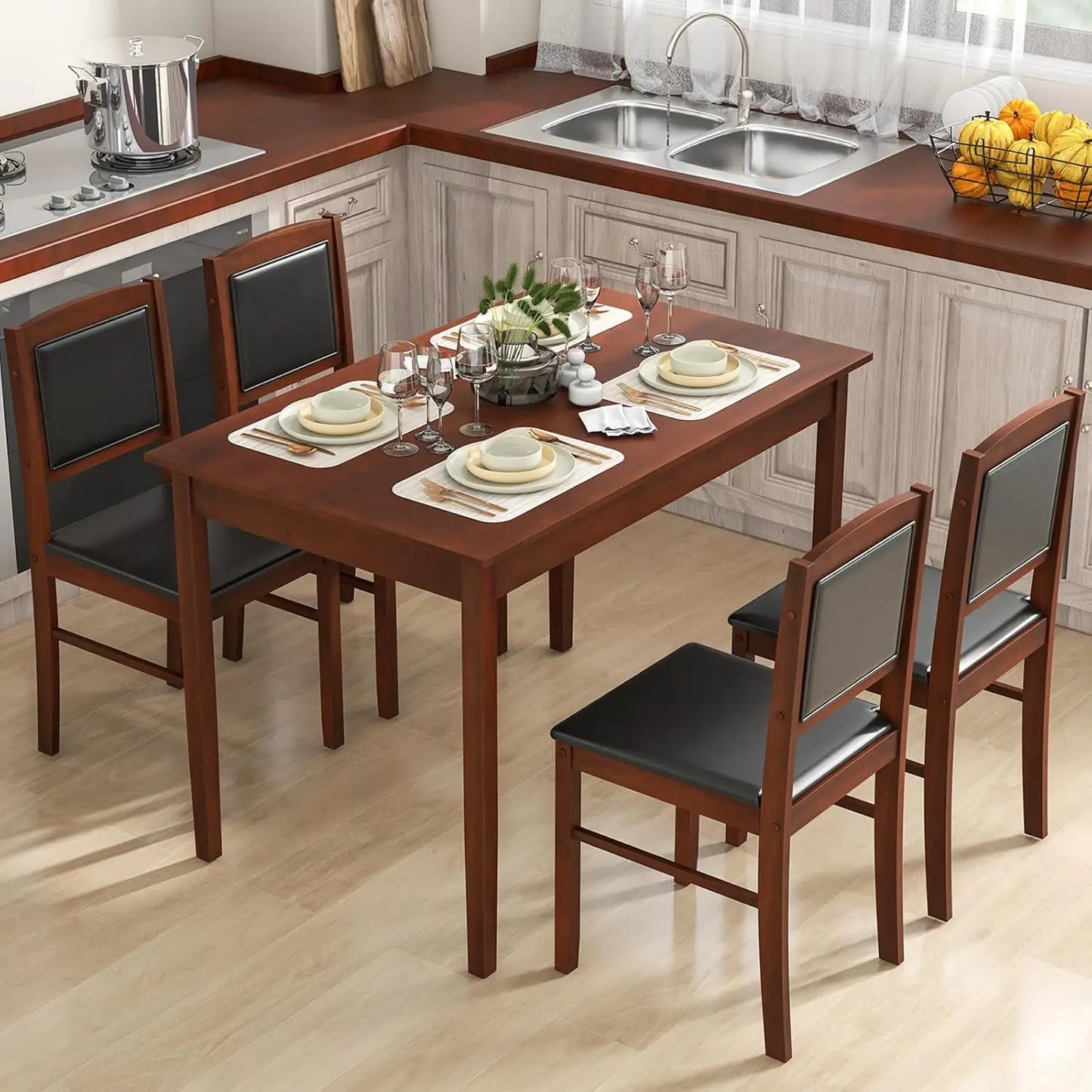 Farmhouse Solid Wood Dinette Set w/ Upholstered Seat & Padded Backrest