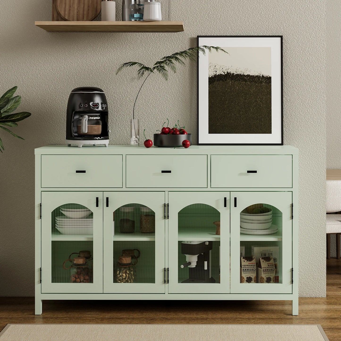 Sideboard Buffet Cabinet with 3 Drawers & 4 Arched Fluted Glass Doors