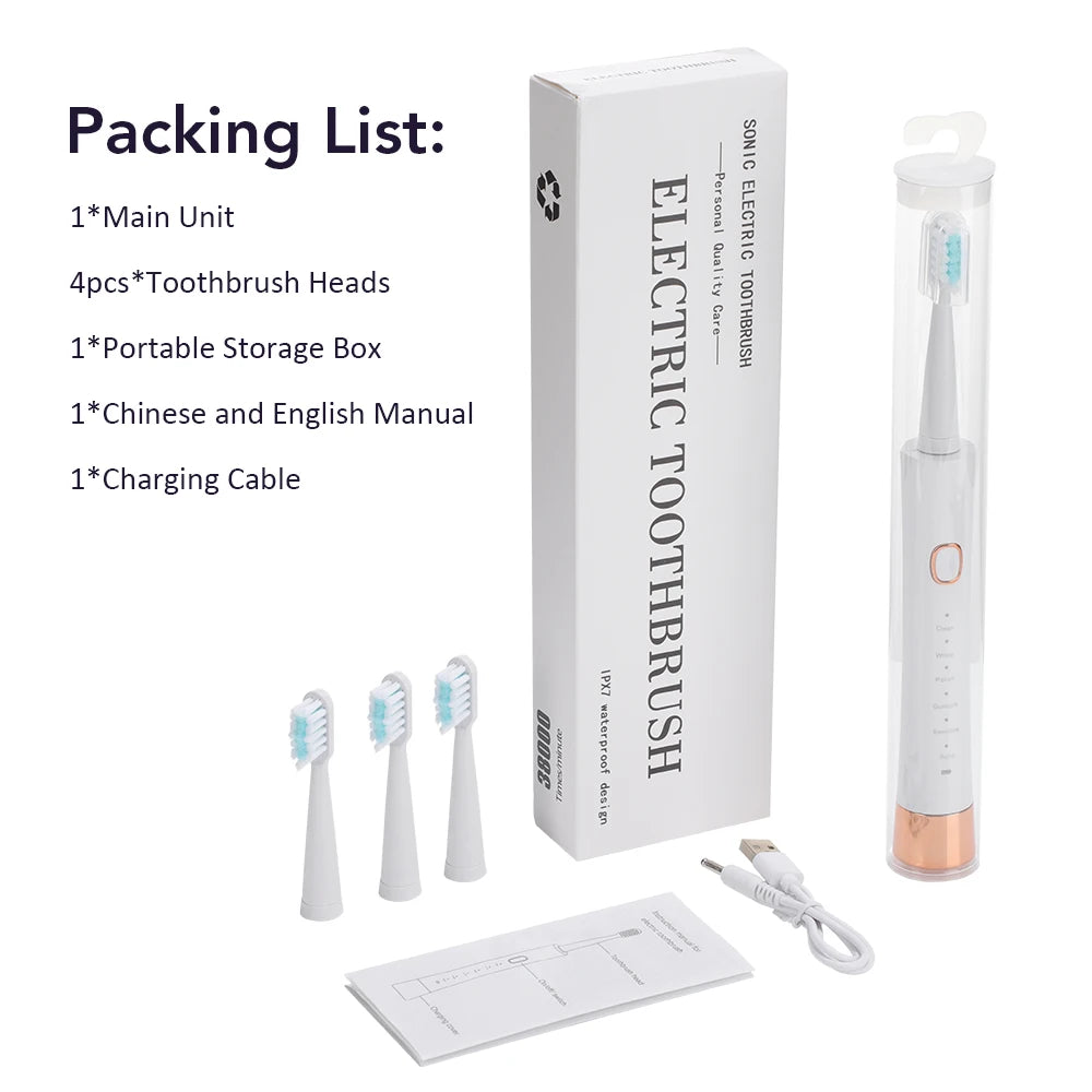 Electric Sonic Toothbrush Rechargeable Waterproof with 4 Soft Brush Heads