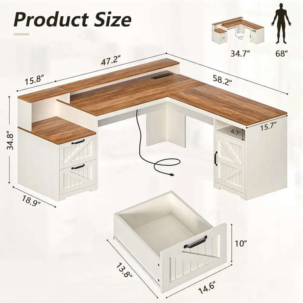 L-Shaped  Executive Desk with Drawers & Storage Shelves and Power Outlets
