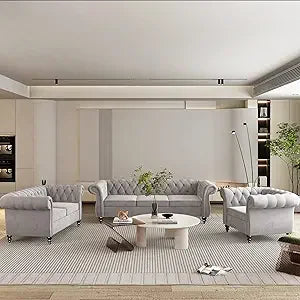 3 Piece Living Room Set- Velvet Chesterfield Sofa Loveseat  Chair
