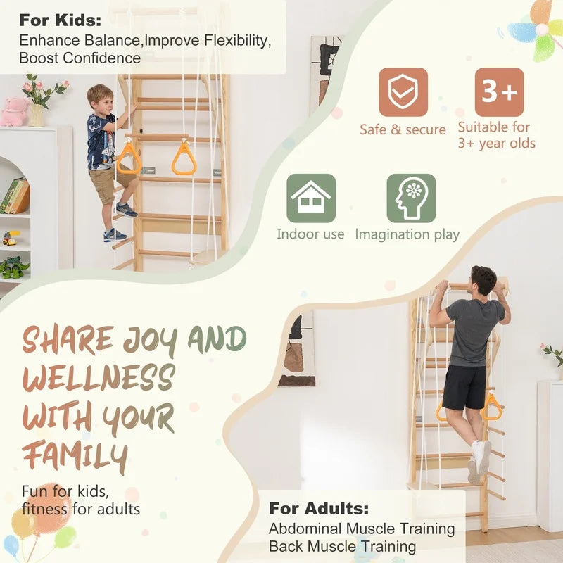 Swedish Ladder Wall Gym with Swing, Rope Ladder, Pull-Up Bar
