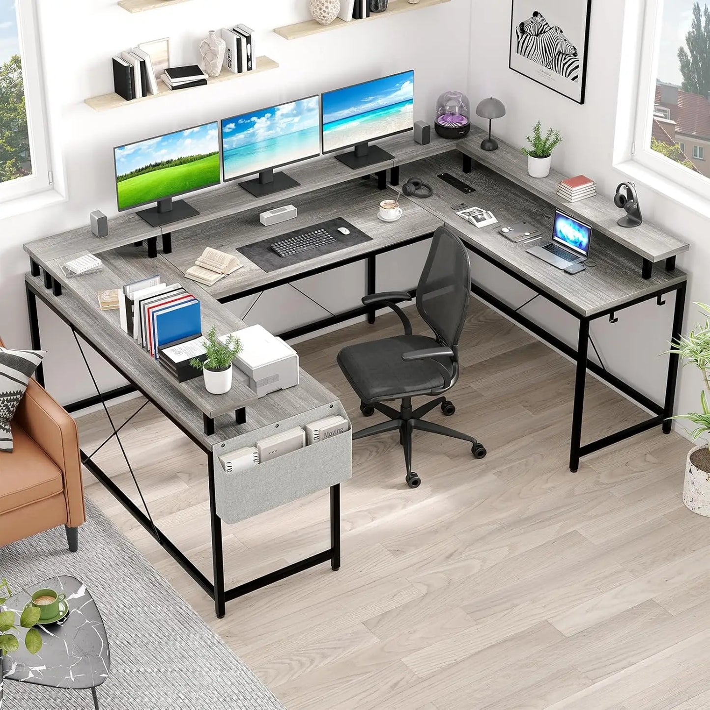 U Shaped Gaming Desk with 2 Power Outlet Adjustable LED Light