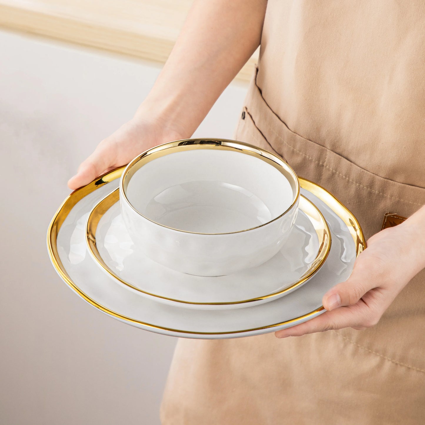 12/24 Piece Ceramic Porcelain White and Golden Rim Dinnerware Sets