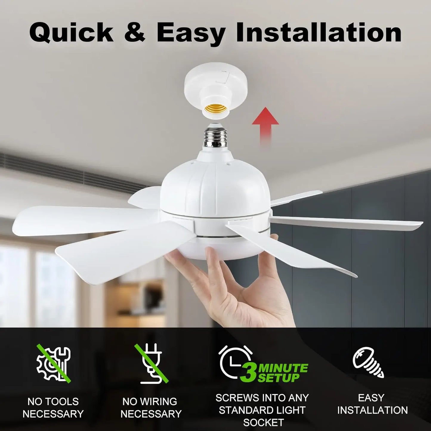 Socket LED Ceiling Fan  with Remote, Dimmable, 3 Colors, Speed Change
