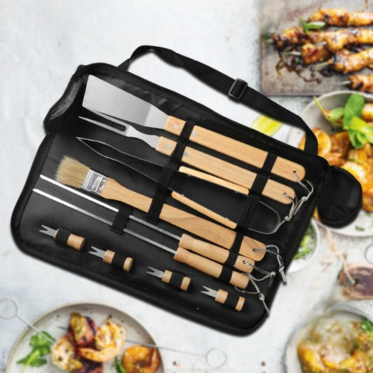 Outdoor Barbecue Tool, Cloth Bag with Wooden Handle, Stainless Steel