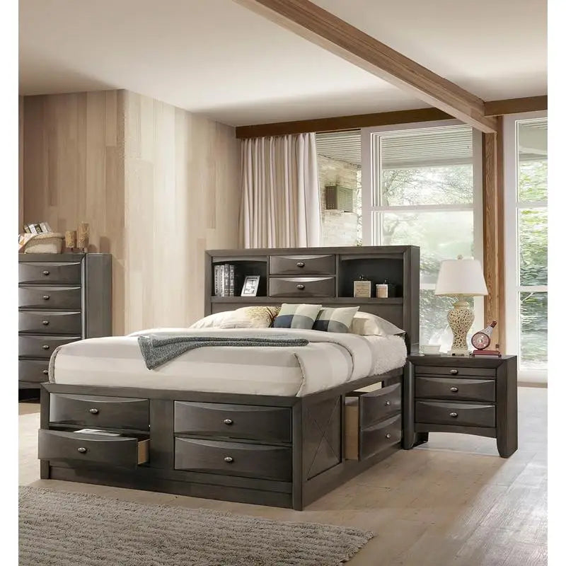 Contemporary Queen Bed with 2 Nightstands and Bookcase Headboard