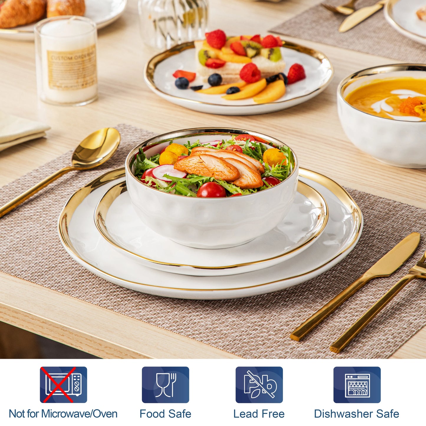 12/24 Piece Ceramic Porcelain White and Golden Rim Dinnerware Sets
