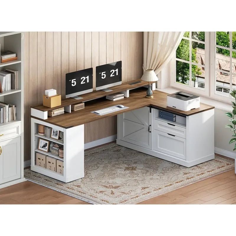 Executive Corner Computer Desk with File Cabinet, Monitor Stand, and Power