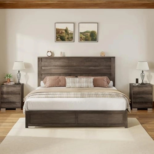 Farmhouse Full Size Bed Frame with Slatted Headboard, 2 Nightstands