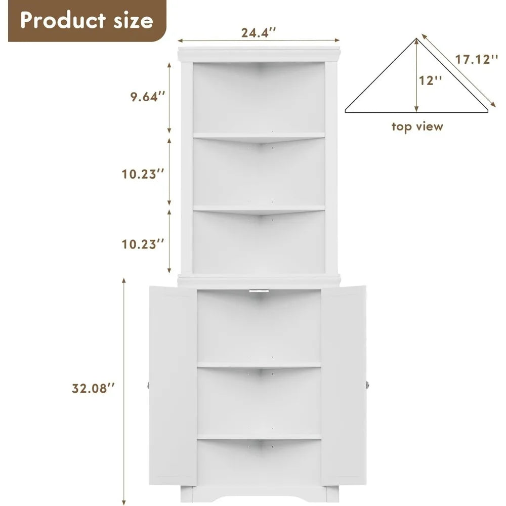 Corner Cabinet, Freestanding Corner Shelf with 2 Doors and 3 Shelves