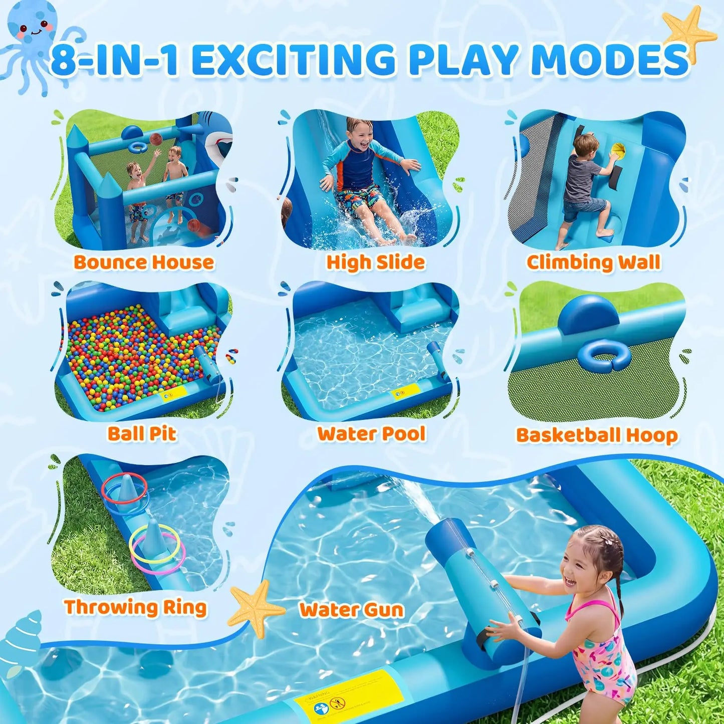 Bounce House With Slide & Blower, Splash Pool, Climbing Wall