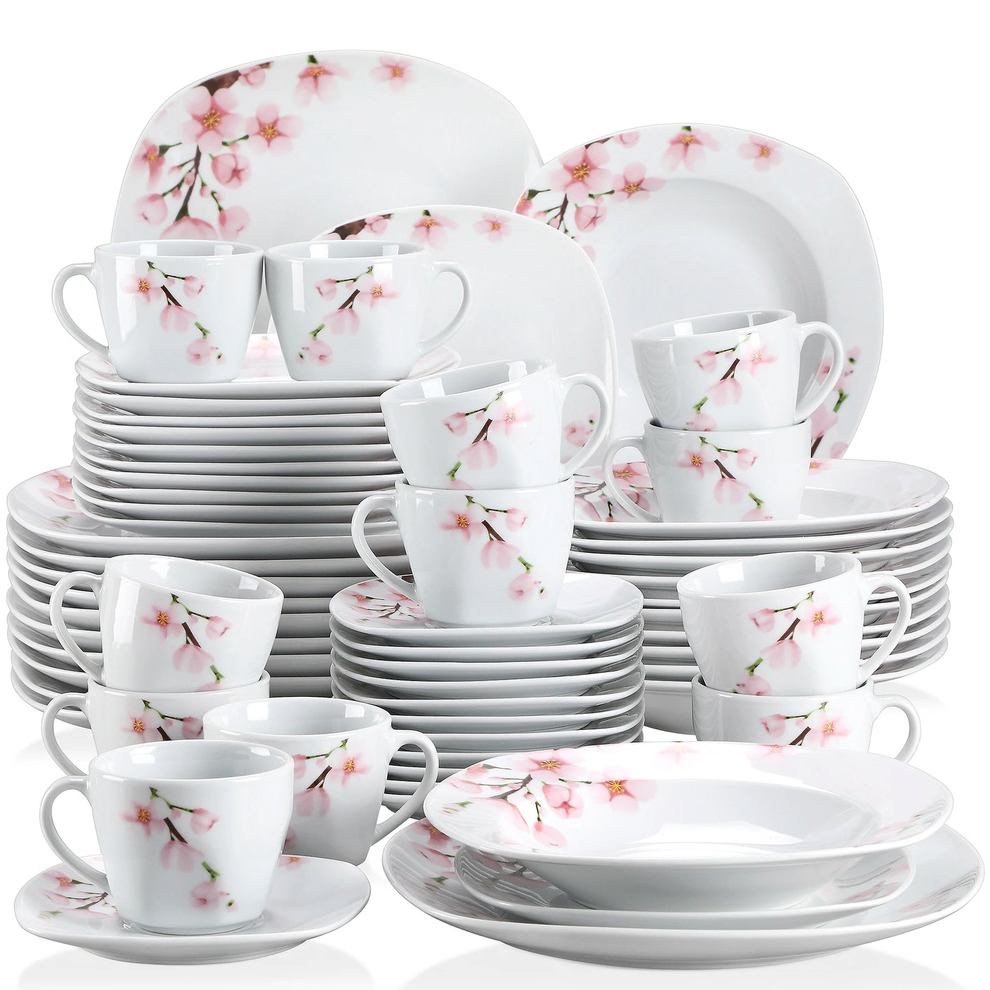 60-Piece White Ceramic Pink Floral Porcelain Plate Set for 12