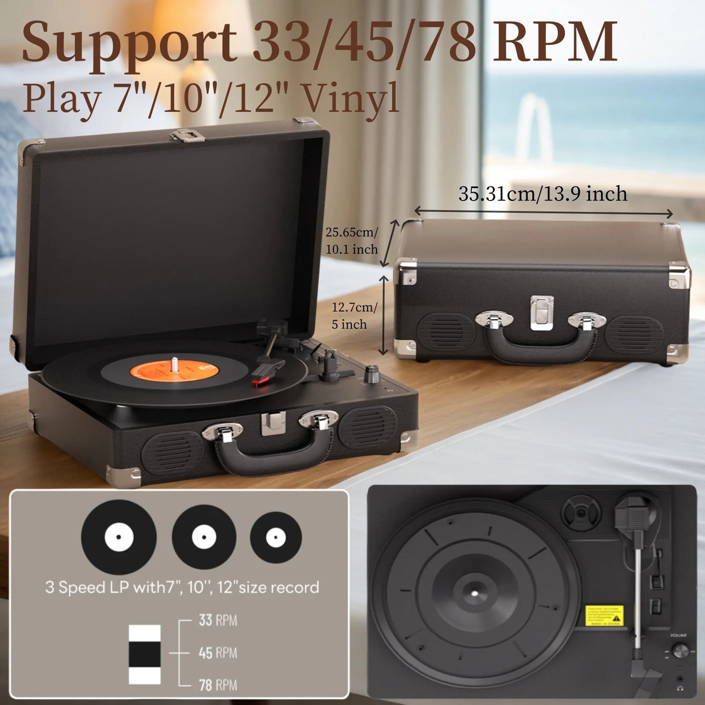 Vintage gramophone device with turntable, high-fidelity stereo, built-in speaker, 3-speed