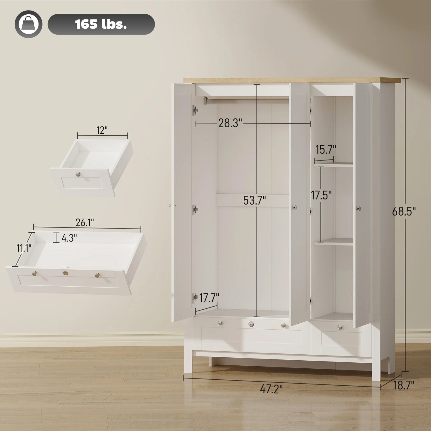 3-Door Wardrobe Closet with Lockable Large Drawer