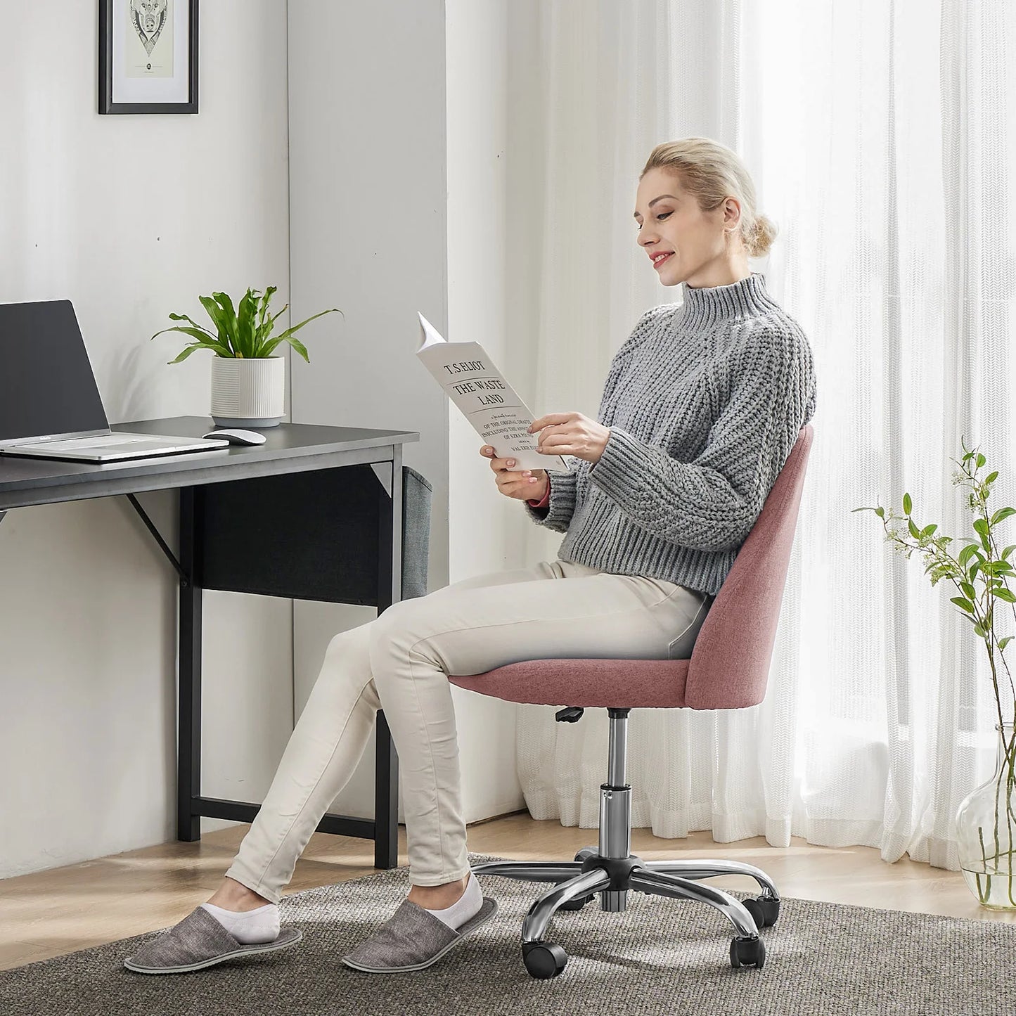 Armless Small Desk Swivel Chair with Back Modern Fabric on Wheels