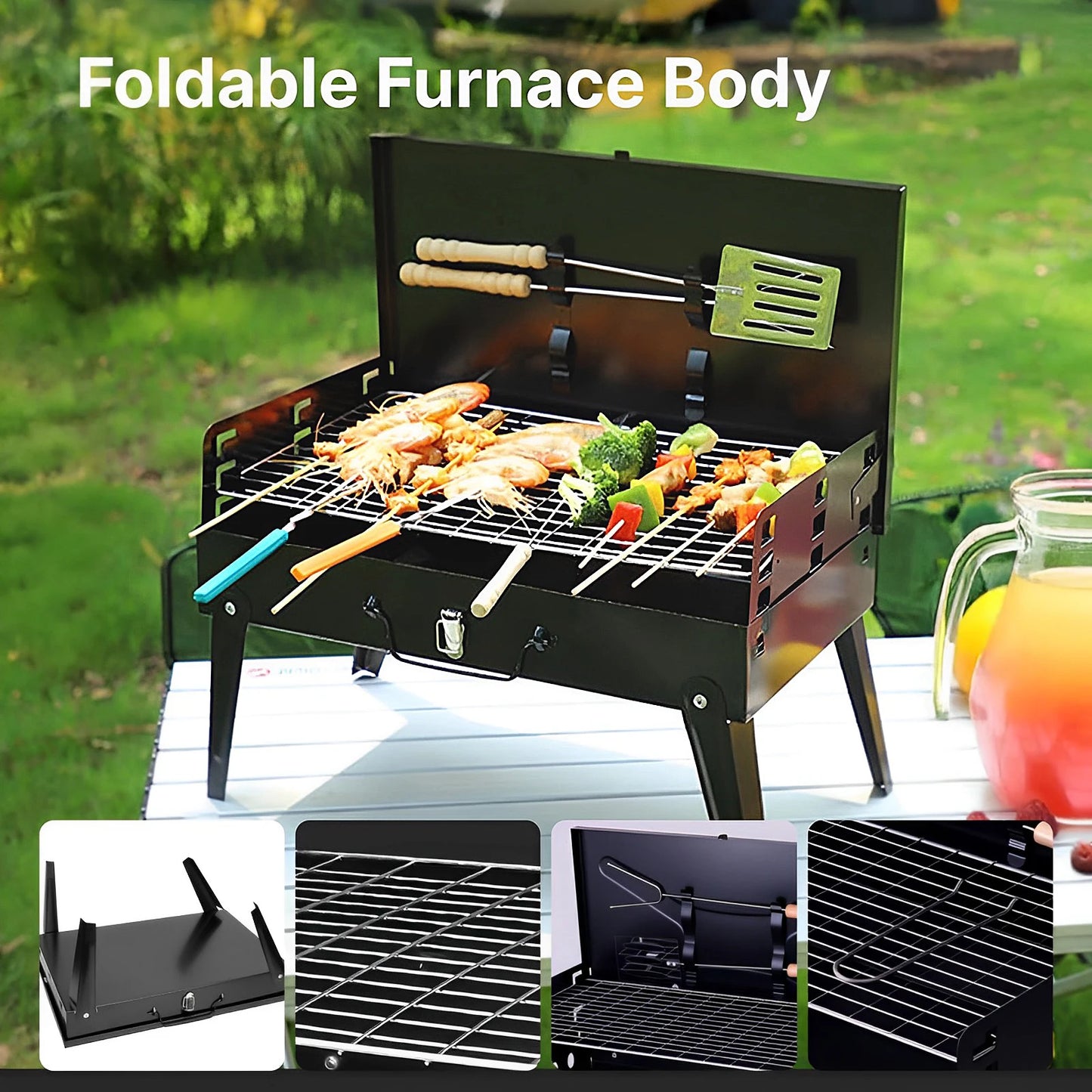 Portable Charcoal Grill, Foldable with Adjustable Heights, Easy to Clean
