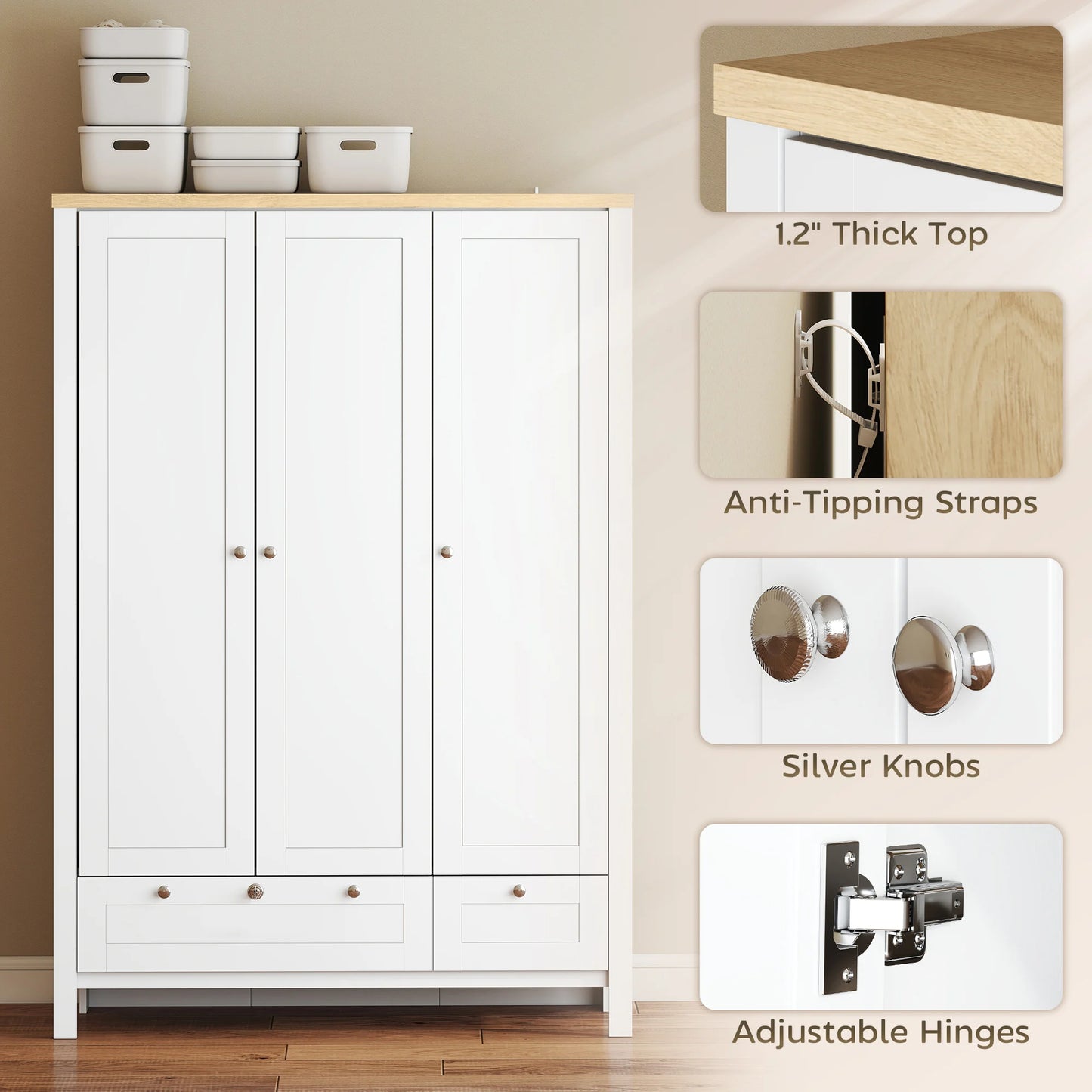 3-Door Wardrobe Closet with Lockable Large Drawer