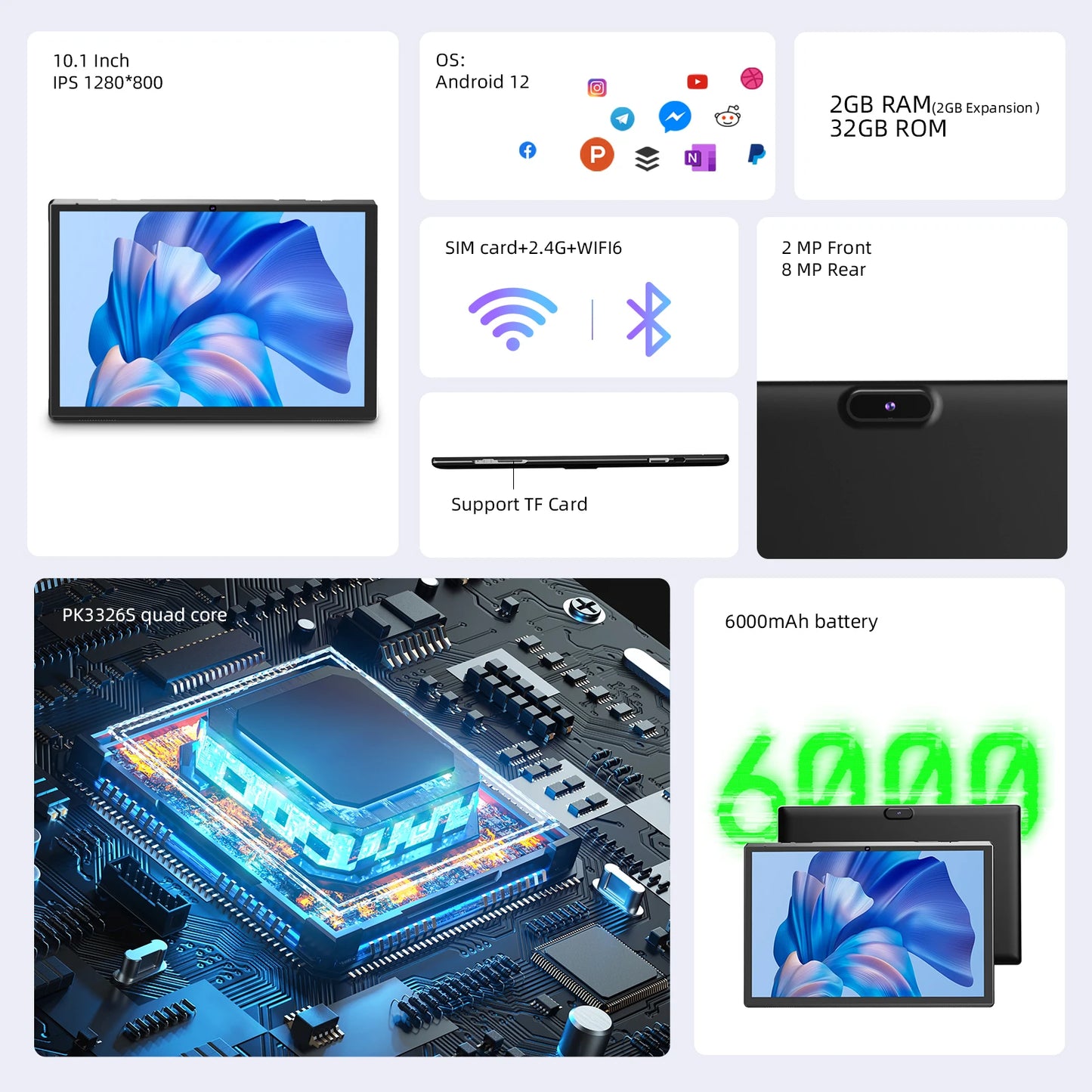 10 inch Android 14 Tablet, RK3326S 4-Core, 4GBRAM 32GB ROM