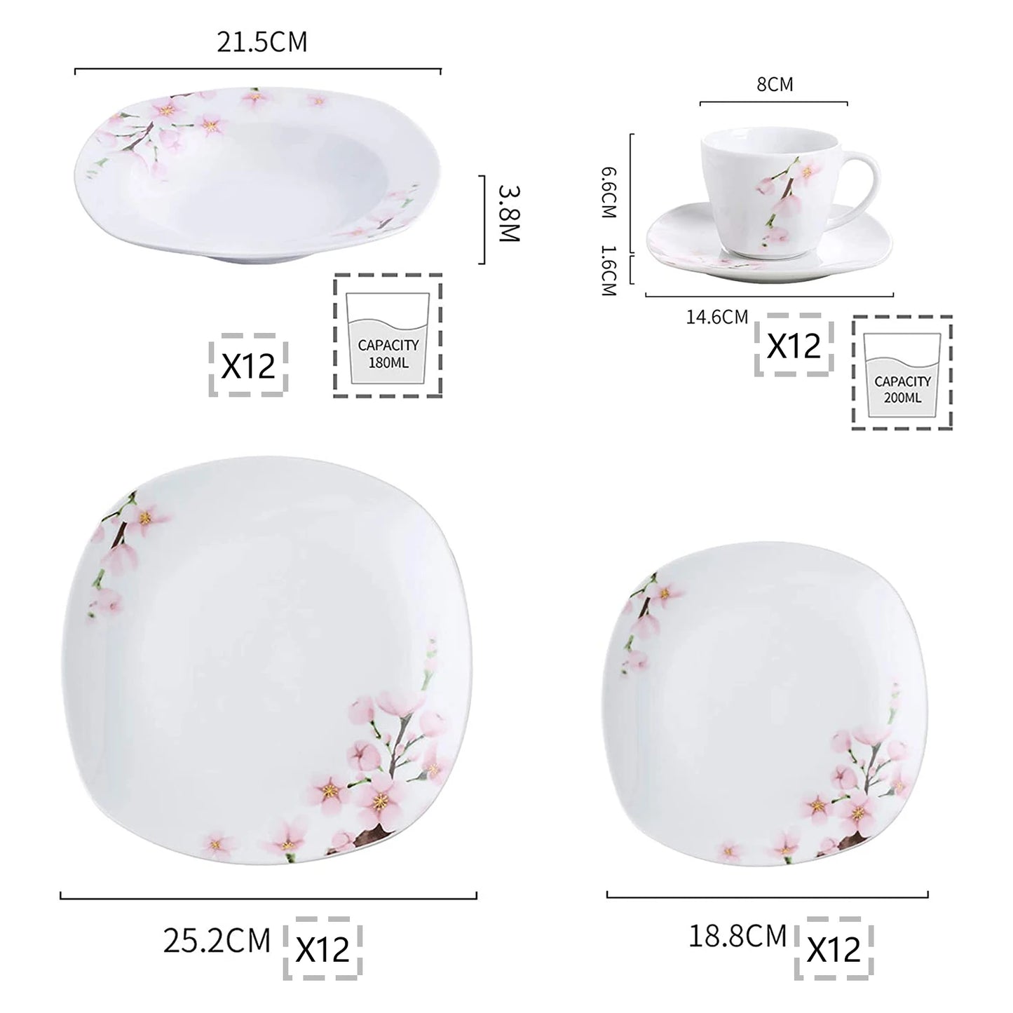 60-Piece White Ceramic Pink Floral Porcelain Plate Set for 12