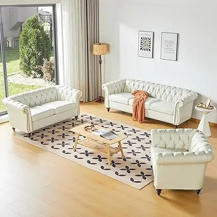 3 Piece Living Room Set- Velvet Chesterfield Sofa Loveseat  Chair