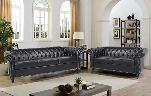 2pc Modern Tufted Sofa Set With Button & Nailhead Trim