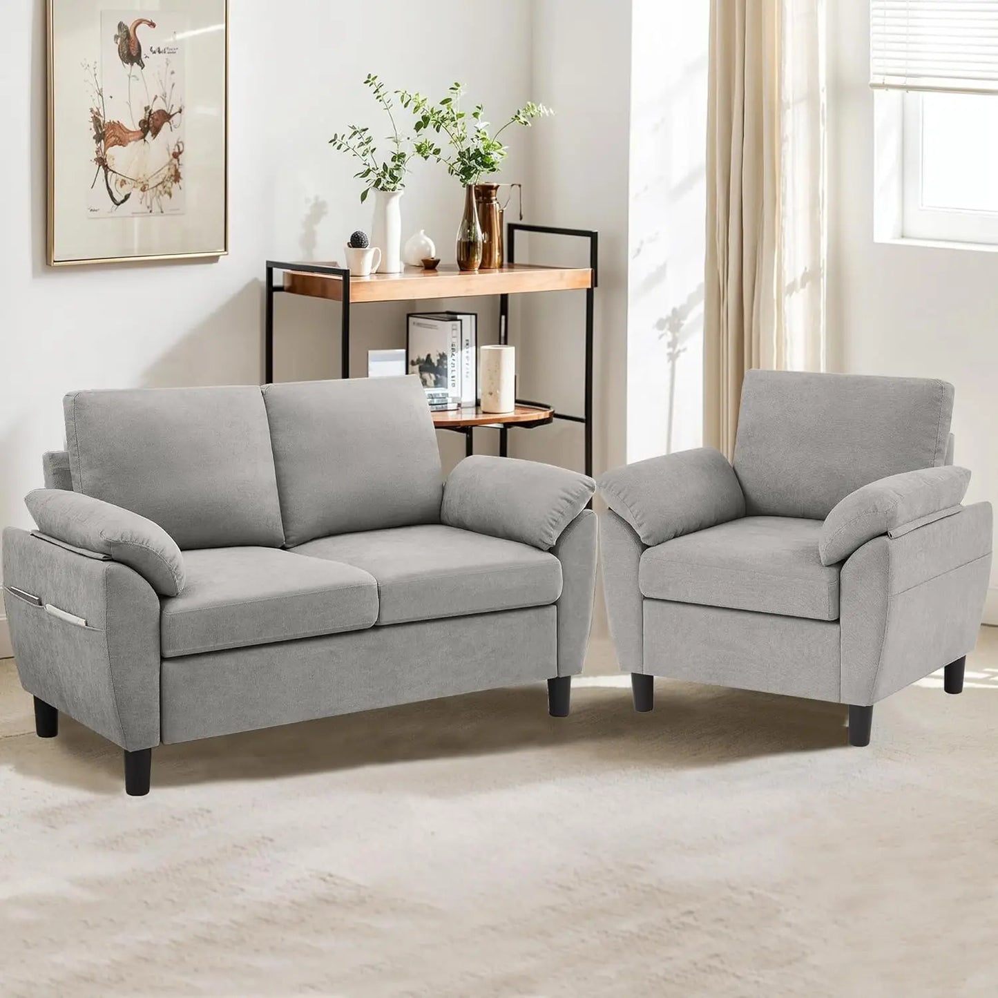 2pc Linen Sectional Loveseat & Chair Set, Upholstered Beige, Customized
