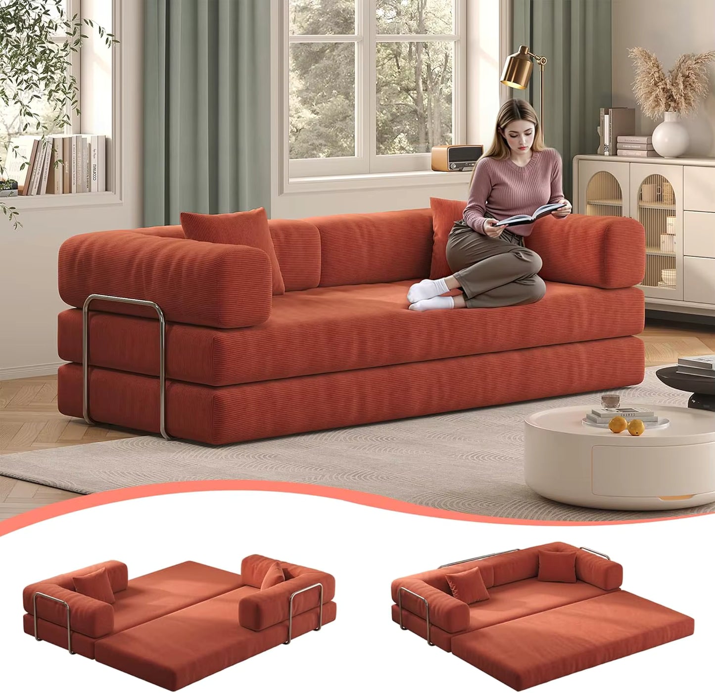 Convertible Sofa Bed with Pillows, Corduroy with Fixed-Shape Frame