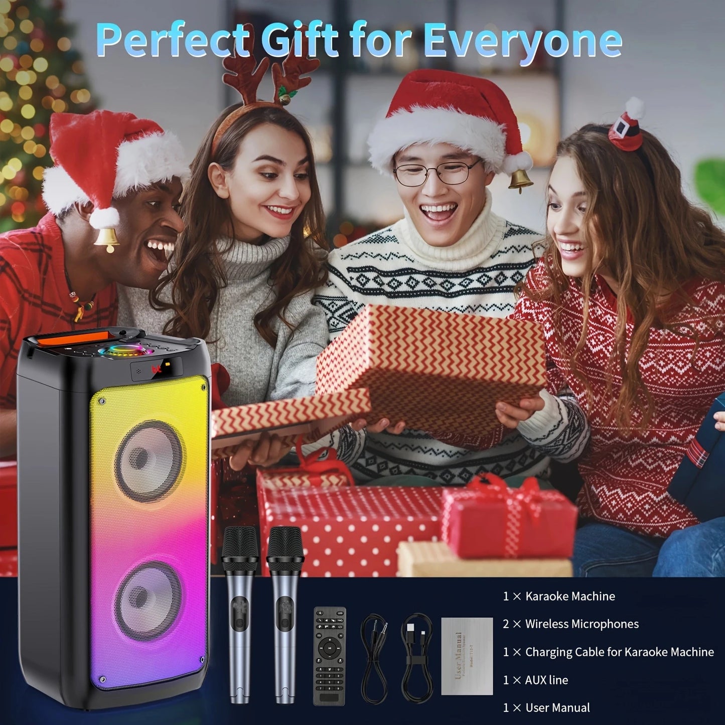 Wireless LED Bluetooth Speaker, Karaoke Machine with 2 Microphone