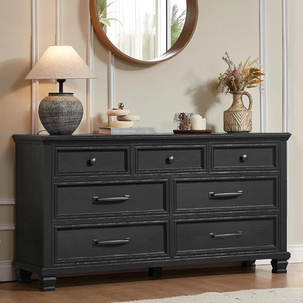 Farmhouse 7 Drawer Dresser & Nightstand Set, Black