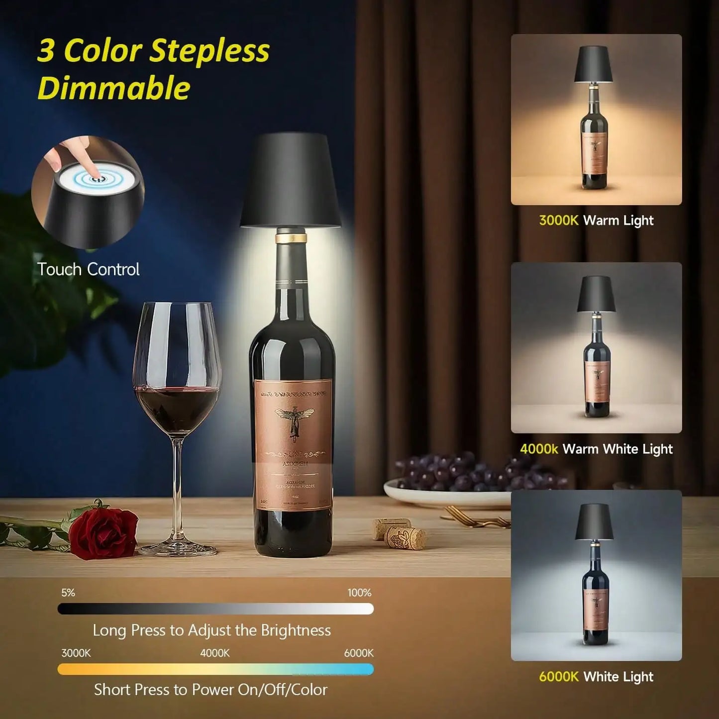 Rechargeable Wireless LED Wine Bottle Lamp Touch Dimming Cordless Lampshade