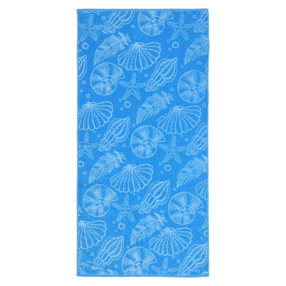 2Pcs Large Cotton Beach Towel Set Blue Seashells Striped Pattern