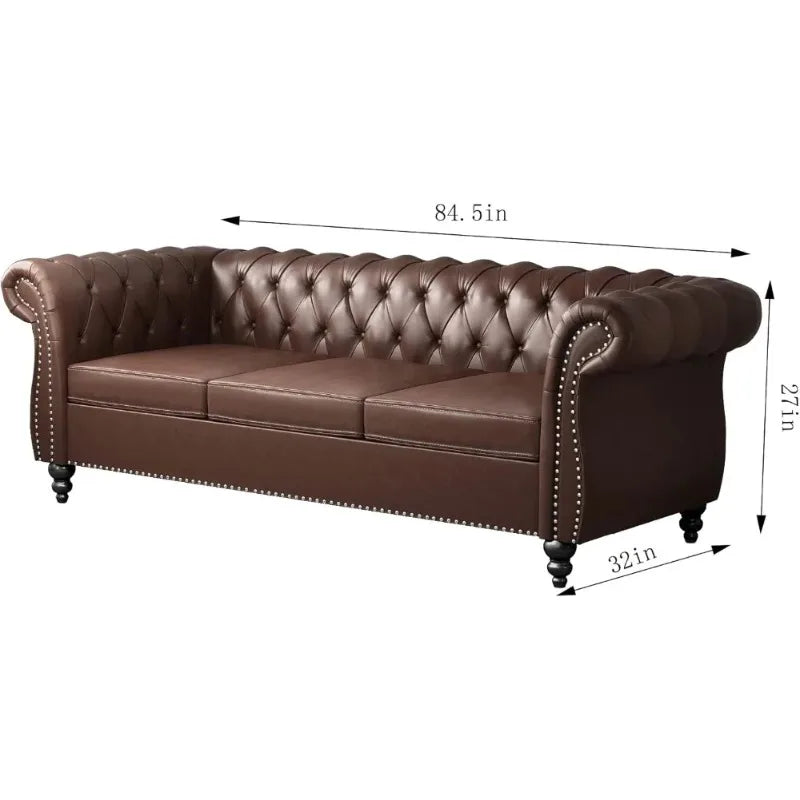 3-Piece Chesterfield Leather Sofa Set with Scroll Arms & Nailhead Trim