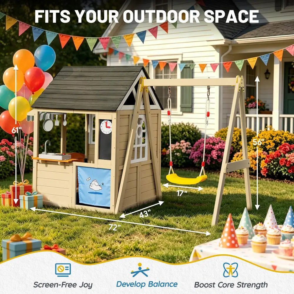 Playhouse with Swing Set for Kids, Cedar Wood Outdoor Playset