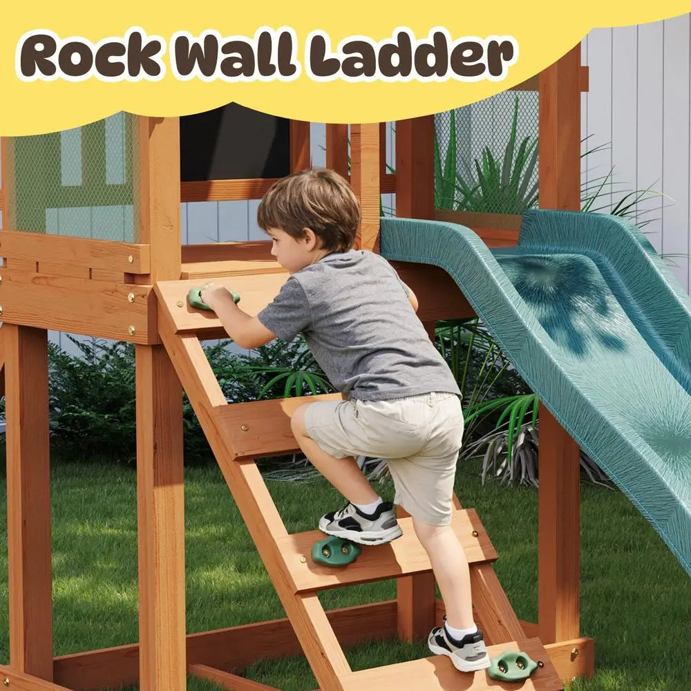 Outdoor Playset Sets with Wave Slide, Play Deck, Rock Wall Ladder