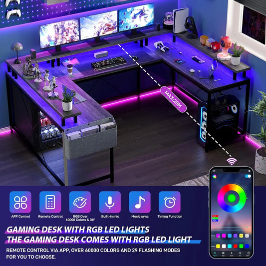 U Shaped Gaming Desk with 2 Power Outlet Adjustable LED Light