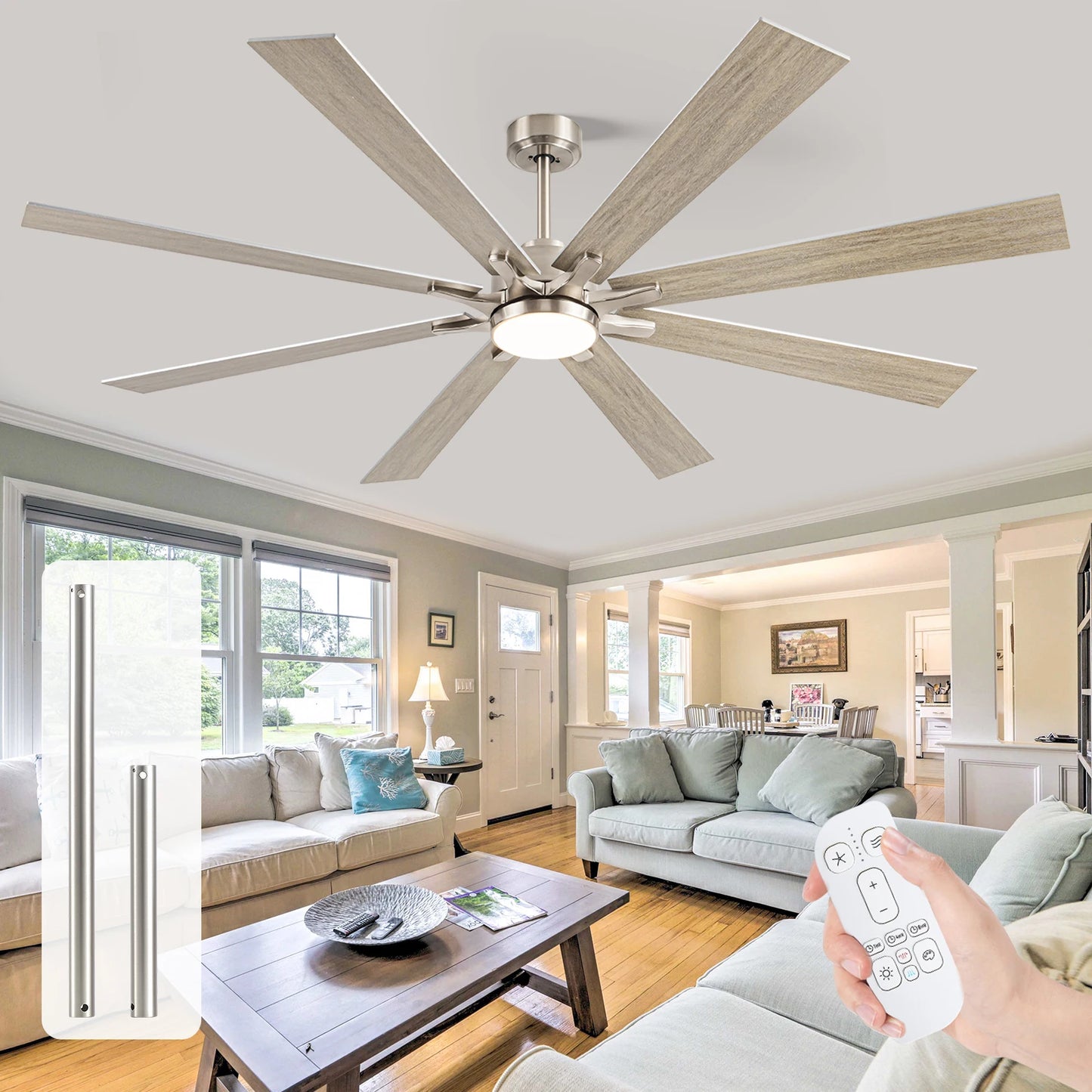 Industrial Ceiling Fan with Light 8 Blades Noiseless Reversible