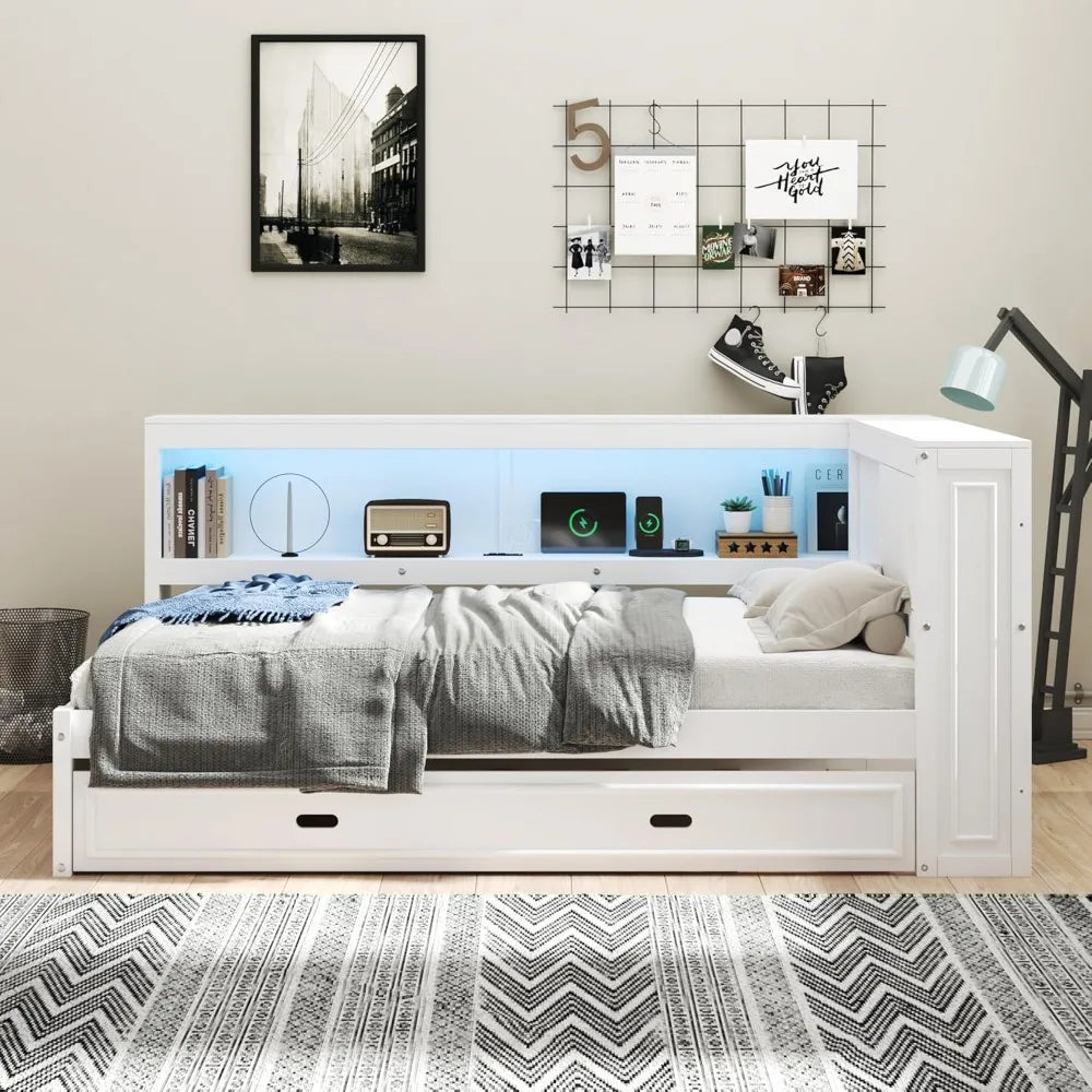 Full Size Daybed with Trundle and Storage Bookcase with LED Lights & USB Ports