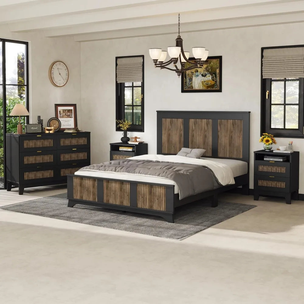 4 Piece Queen Bedroom Set,  Platform Bed with Wooden Strip Stickers