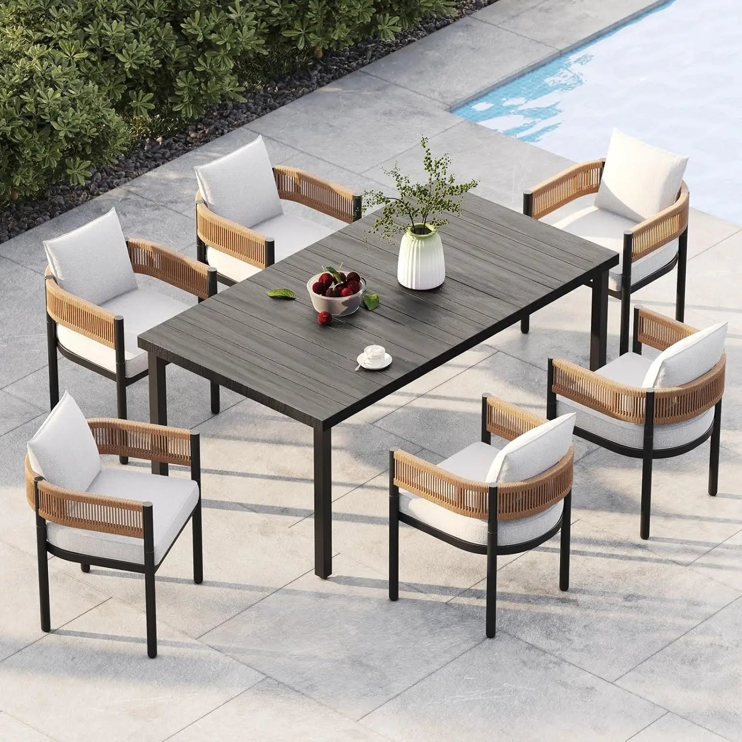 Outdoor Dining Table and Wicker Patio Chairs with Thickened Cushions