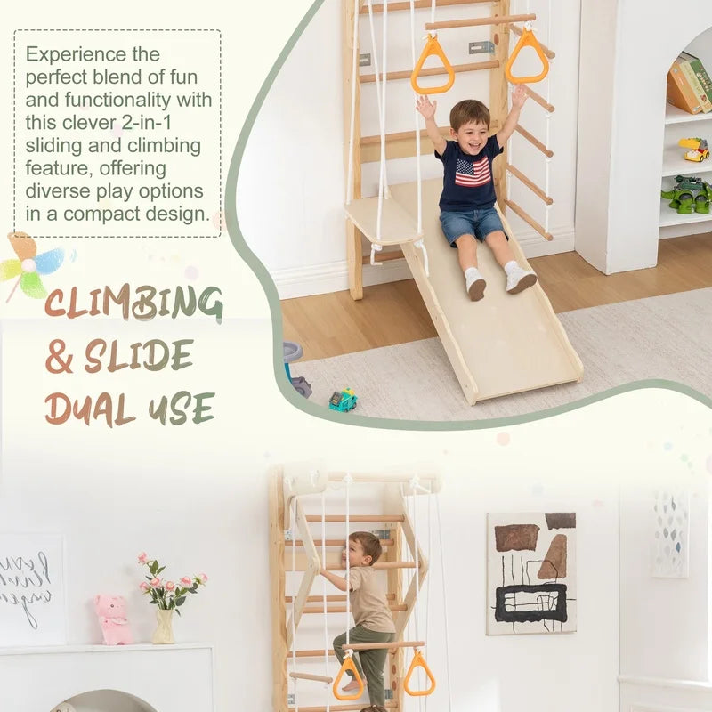 Swedish Ladder Wall Gym with Swing, Rope Ladder, Pull-Up Bar