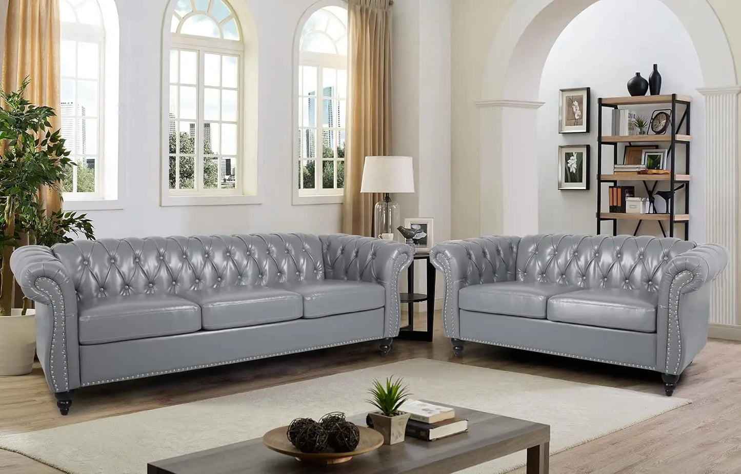 2pc Modern Tufted Sofa Set With Button & Nailhead Trim