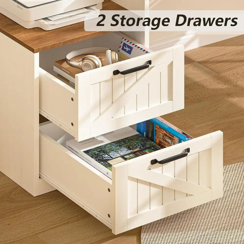 L-Shaped  Executive Desk with Drawers & Storage Shelves and Power Outlets